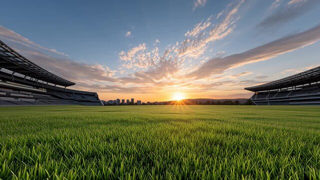 Sunrise over stadium field with vibrant grass and modern architecture in urban setting