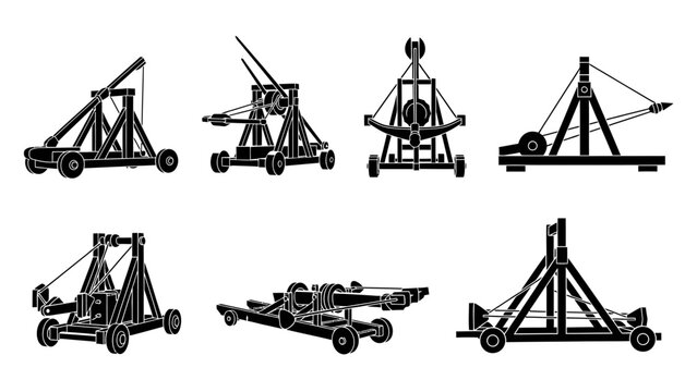 Medieval Siege Weapons: Catapult, Trebuchet, Ballista - Vector Icons