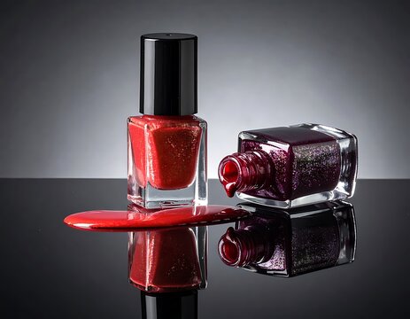 Two nail polish bottles on a reflective surface with one open
