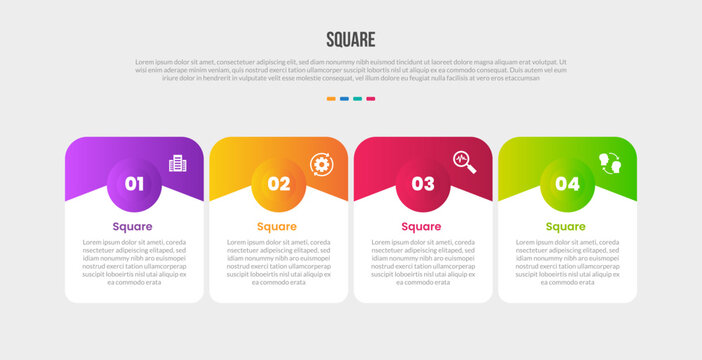 Square base shape infographics gradient template diagram with round rectangle with header badge with circle center with 4 point step creative