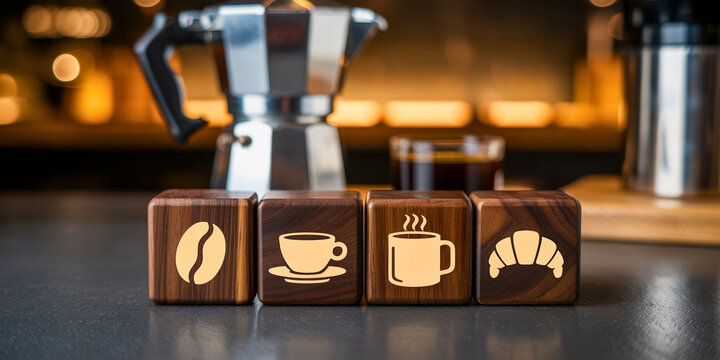 Cafe menu icons on wooden blocks in coffee shop representing breakfast and beverage service concept for hospitality branding