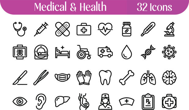 Medical and Healthcare Line Icon Set - 32 Minimalist Vector Icons for Hospital, Wellness, Medicine, and Clinical UI Design