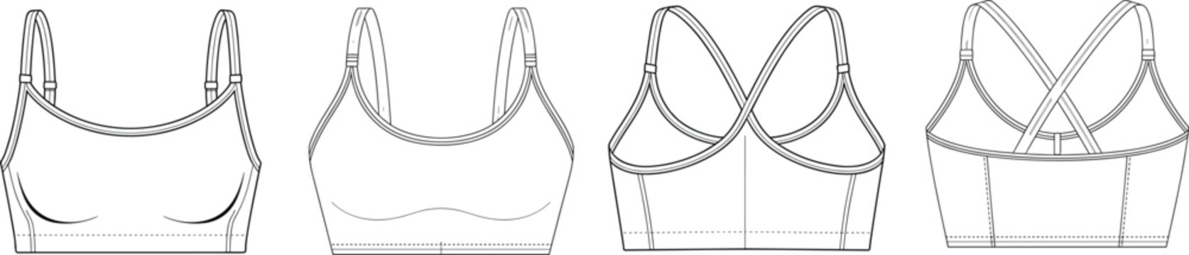 Sports bra technical drawing vector set, supportive activewear top with strap variations and back designs, front and rear views &ndash; vector illustration