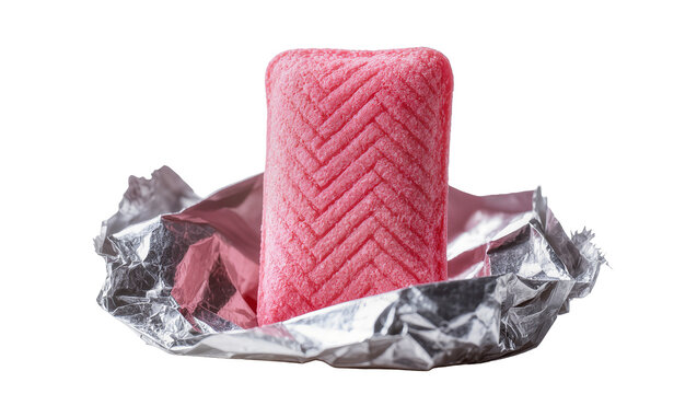 Pink rectangular bubble gum with herringbone pattern unwrapped in silver foil, isolated on transparent background