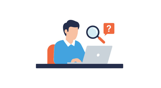 Man sitting at desk with laptop and question mark.
