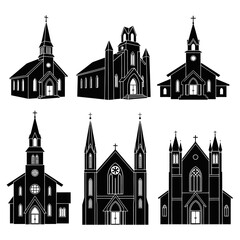 Fototapeta premium Set of Six Black Church Silhouettes - Gothic and Traditional Architectural Styles