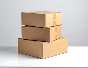 Fototapeta premium Three stacked cardboard boxes on white surface