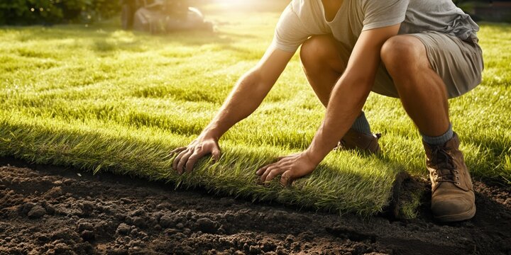 Gardener laying down a fresh roll of sod on prepared soil for a new lawn