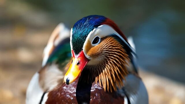 Close-up portrait of a colorful mandarin duck in nature.