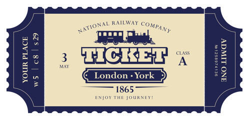 Naklejka premium Vector retro train ticket template featuring a vintage steam locomotive and carriage, inscriptions, and dates. Premium version. 