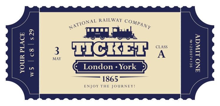 Vector retro train ticket template featuring a vintage steam locomotive and carriage, inscriptions, and dates. Premium version. 