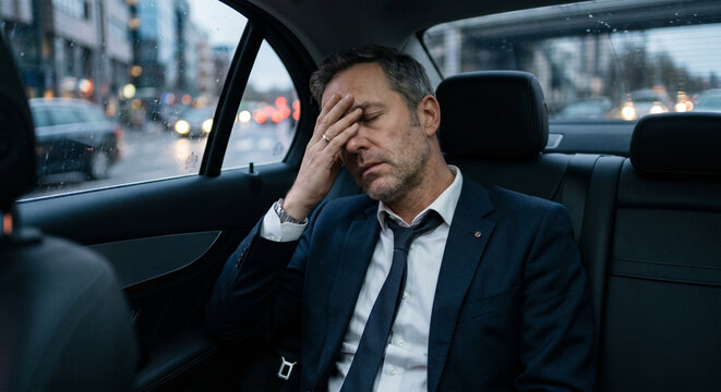 Businessman feeling stressed while sitting in backseat of car  