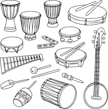 Black and white hand drawn music instruments collection featuring drums and stringed musical acoustic tools