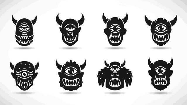 Set of cartoon cyclops monsters with horns, fangs, and one eye