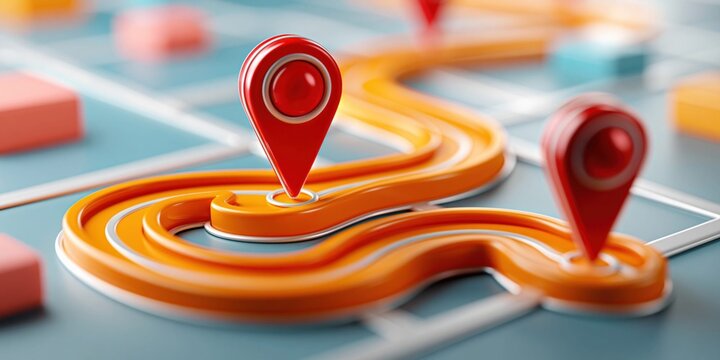 3D map with red location pins and orange route markers