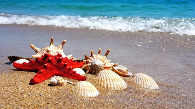 Seashells and starfish on a sandy beach with ocean waves.