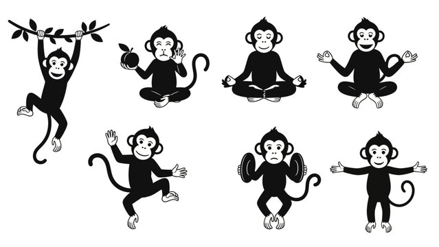 Cute Monkey Silhouettes Collection: Swinging, Meditating, Eating, Dancing