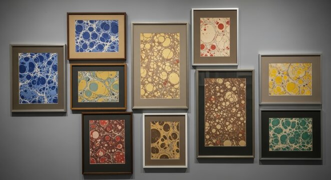 A Collection of Antique Marbled Endpapers from Voluminous Books Displayed in Frames on a Wall
