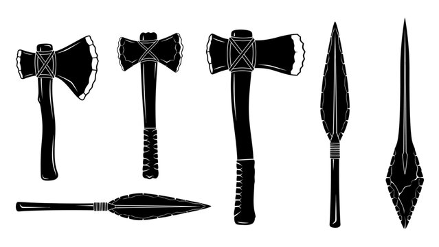 Ancient Weapon Collection: Axes and Spears, Silhouette, Black and White