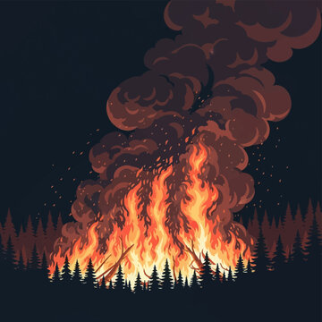 Stylized vector illustration of an intense wildfire burning through a coniferous pine forest at night, featuring large orange flames, rising dark smoke clouds, and glowing embers.