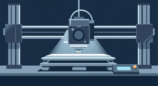 Minimalist vector illustration of an industrial 3D printer machine with an extruder head, gantry rails, and a bright print bed, featuring a digital control panel on a dark background.