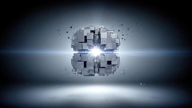 Seamless loop cross sector data synchronization, mirrored cube convergence animation.