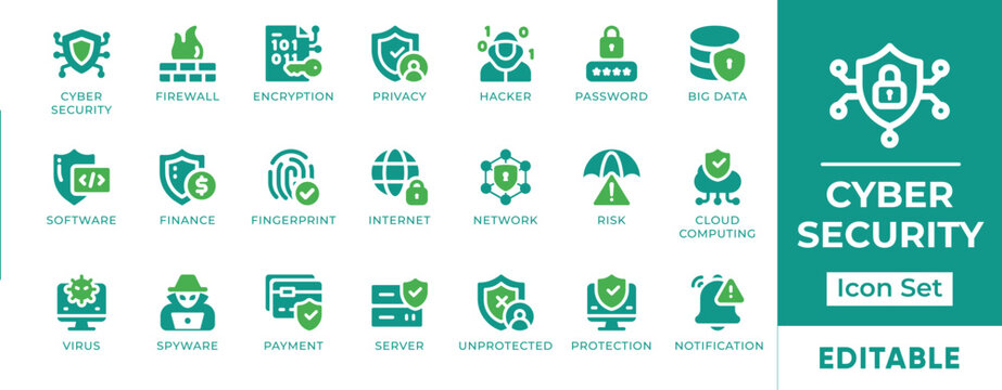 Cyber Security Hacker Firewall Encryption Password Icon Set. Editable vectors for cyber crime, attack, threat, and network privacy.