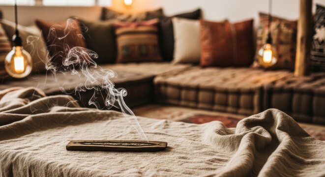 Delicate wisps of patchouli incense smoke rise from a wooden holder on a textured surface, creating a tranquil atmosphere in a cozy room.