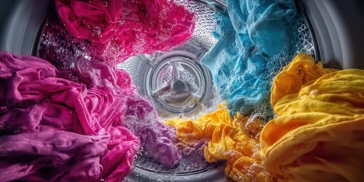 Colorful clothes tumbling in a washing machine with water and bubbles