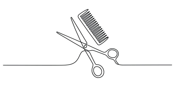 Continuous single line drawing of barber scissors and hair comb