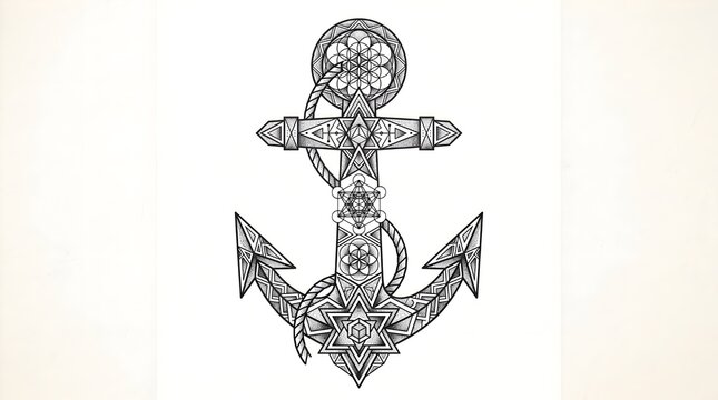 Geometric Anchor Tattoo Design with Intricate Mandala Patterns and Nautical Symbolism