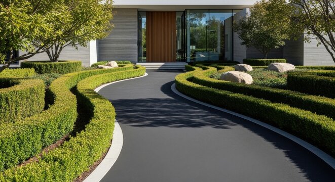 Elegant modern house entrance with a smoothly curving asphalt driveway bordered by meticulously sculpted green hedges and large natural boulders.