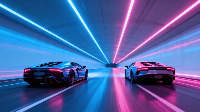 Two sports cars in neonlit tunnel