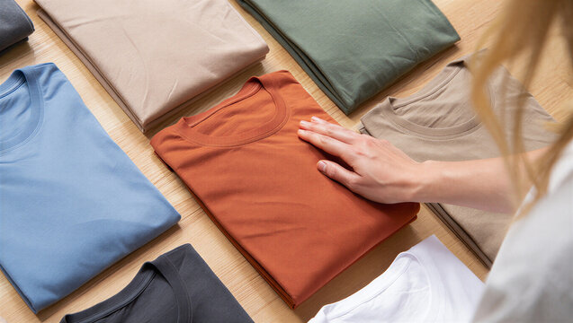 Person folding colorful cotton tshirts on a wooden table