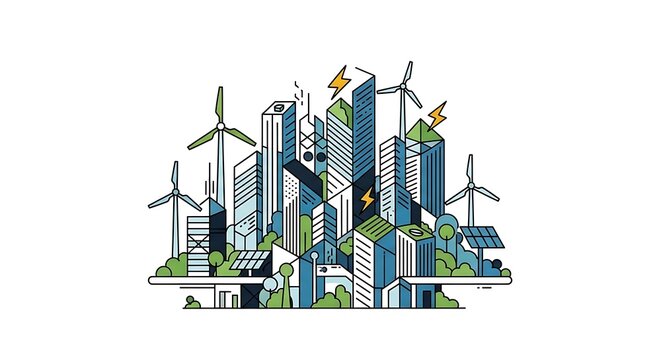 Sustainable cityscape with wind turbines and solar panels integrated design