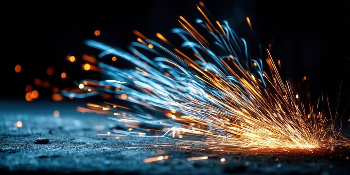 Bright orange and blue sparks fly from a grinding wheel on a dark surface