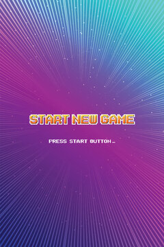 START NEW GAME. Retro Futurism Sci-Fi Background. glowing neon grid and star from vintage arcade computer games