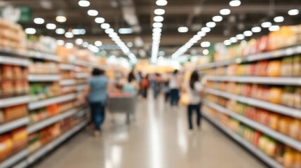 Obraz premium Blurred View of a Bustling Supermarket Aisle with Shoppers and Shelves Filled with Products in a Bright, Busy Environment