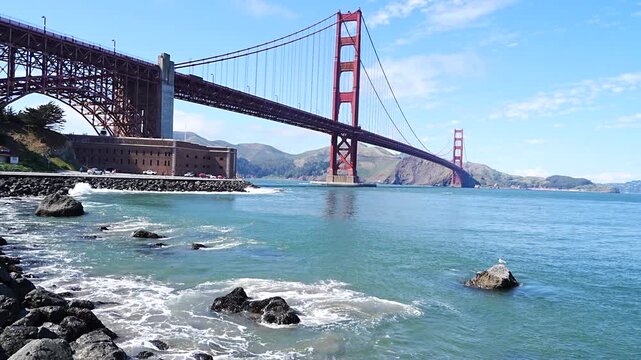 The red Golden Gate Bridge is a famous landmark and symbol of San Francisco, California, USA, and a renowned tourist destination.