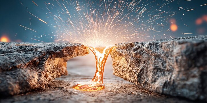 Molten metal flowing between rocks with bright sparks flying upwards