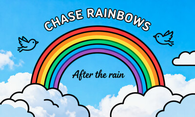 Naklejka premium A cute flat illustration features a rainbow over fluffy clouds in a bright blue sky, with flying birds and inspirational text encouraging chasing hope after hardship.