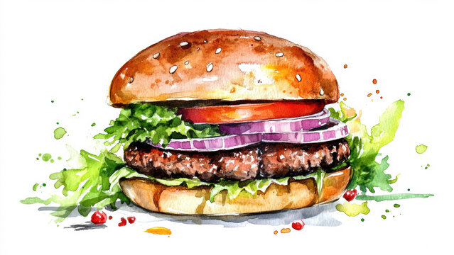 Watercolor Burger For Fast Food Restaurant Menu And Graphic Design