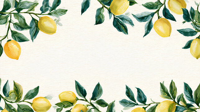Watercolor lemon border with lush branches and green leaves showcasing delicate botanical frame cottagecore aesthetic and elegant invitation design