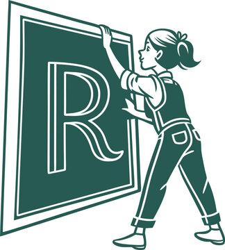 Green worker installing large letter R sign, industrial signage, vector illustration, workplace safety