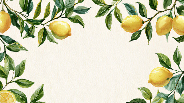 Watercolor lemon border with lush branches and green leaves showcasing delicate botanical frame cottagecore aesthetic and elegant invitation design