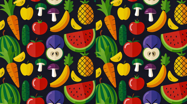 Vibrant fruit and vegetable pattern on dark background