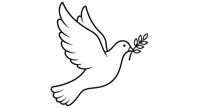A simple line drawing of a white dove in flight holding an olive branch