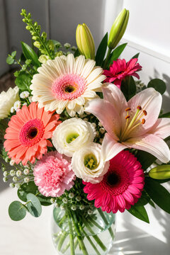 Fresh pink gerbera flowers in glass vase with eucalyptus leaves on bright table