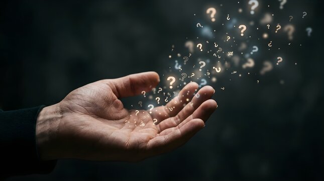 Hand with Glowing Question Marks Floating in Air, Concept for Curiosity, Doubt, and Seeking Solutions.