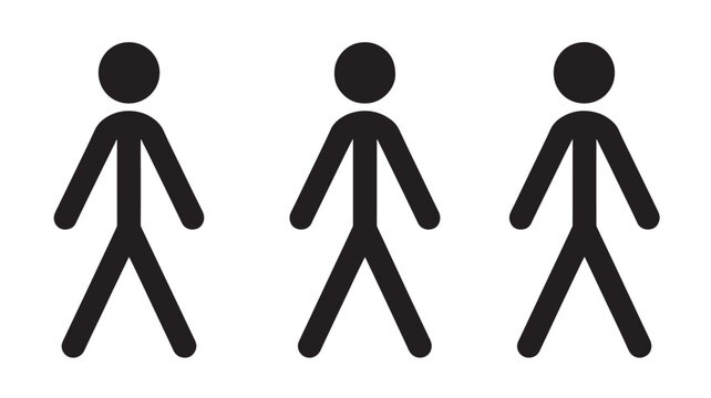 Three Black Stick Figures Walking On White Background For Illustration Concepts